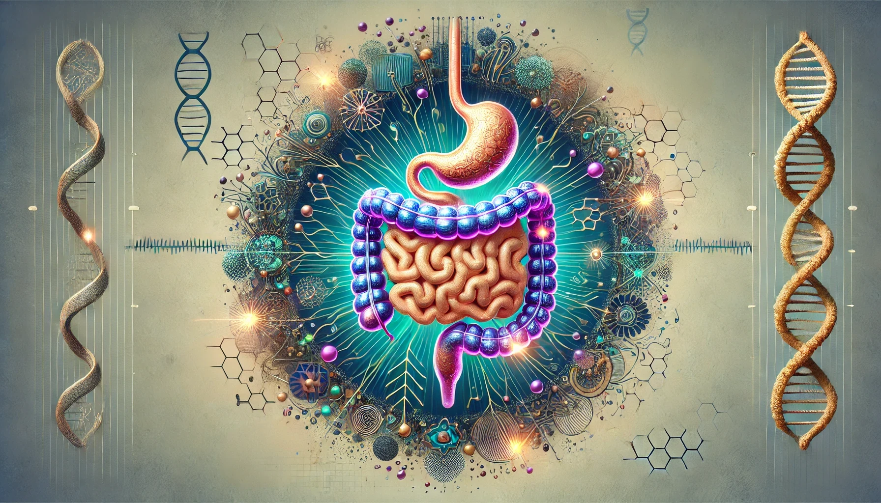 Illustration of the gut-brain axis showing the glowing connection between the gut and brain, neural pathways, and microbiota visuals, designed for wellness and gut health education.