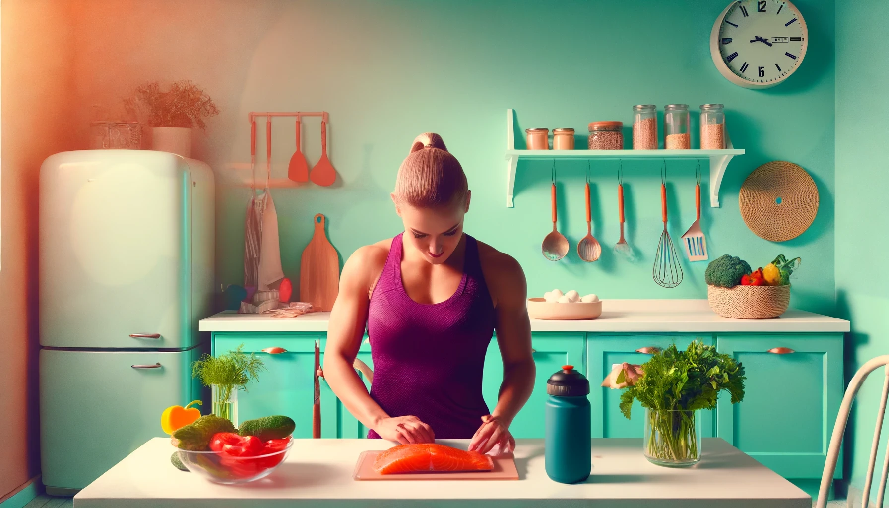 "High-definition image for 'The Fitness Enthusiast,' featuring a 28-year-old athletic woman preparing a meal with omega-3-rich salmon in a modern kitchen. Surrounded by colorful vegetables, a polished water bottle, and neatly placed workout gear, the image highlights a balanced and energetic lifestyle.